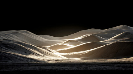Beautiful illuminated sand dunes under a dark sky during twilight hours