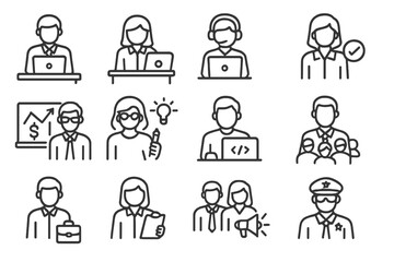 Office Role Icons. Line style icons of office people roles: manager at desk, receptionist icon, IT support icon, HR person,