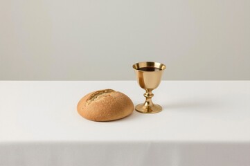 Communion bread, wine, table, studio, simple background, religious ceremony