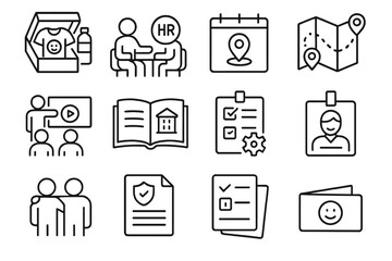 Employee Onboarding Icons. Line style icons of employee onboarding: welcome kit, HR intro meeting, orientation calendar, office