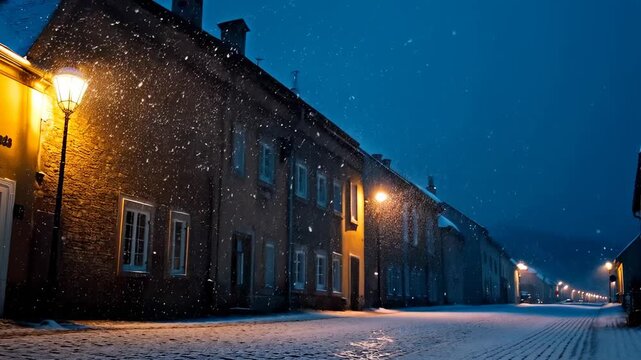 "A snowy night in the village of Stret. The peaceful scene captures the beauty of winter in this quaint town."