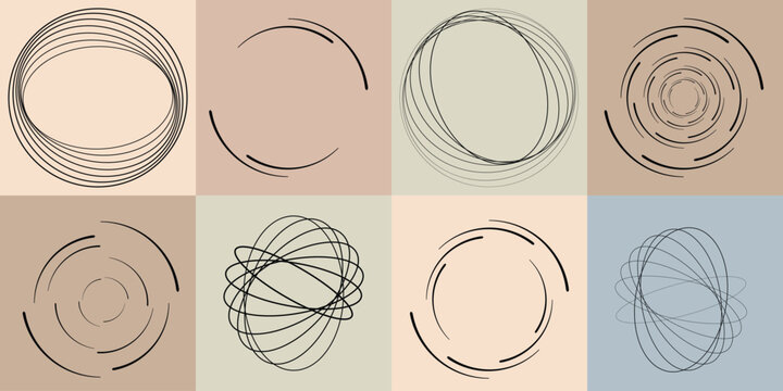 Lines and spirals in Circle Form .Rotate rounded shape Vector .Rotating dots form a circle .Rotating and linear design element . Various lines forming round shape . Abstract Geometric line art 