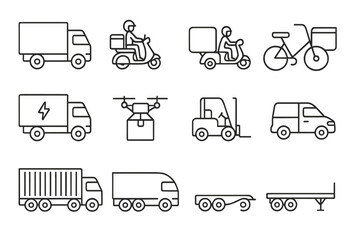 Delivery Vehicle Icons. Line style icons of delivery vehicles: cargo truck, delivery van, scooter courier, cargo bike, electric