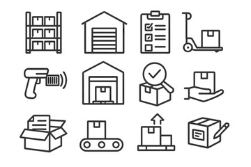 Warehouse Icons Collection. Line style icons of warehouse operations: inventory shelves, warehouse icon, picking list, pallet jack