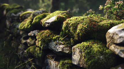 Moss-covered stone wall in a serene forest setting during early morning light