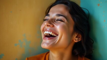 A woman laughing with her eyes closed, often used in social media posts and advertisements