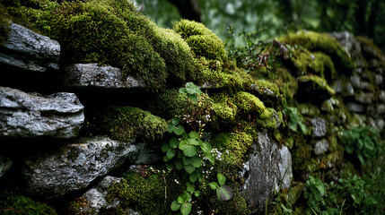 Lush moss-covered stone wall adorned with greenery in a tranquil forest setting during midday