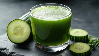 Cucumber Juice In A Glass Set Against A Grey Wooden Background - A Refreshing And Healthy Drink For Summer.