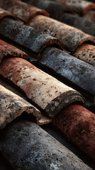 Close-up of weathered terracotta roof tiles showcasing texture and color variations under natural light