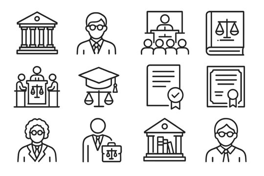 Legal Education Icons. Line style icons of legal education: law school building, law student icon, legal lecture hall, case study