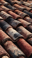 Old clay roof tiles showing weathered textures and rustic colors in a historical building setting