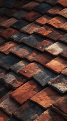 Textured clay tiles arranged on a rooftop in warm colors during late afternoon light
