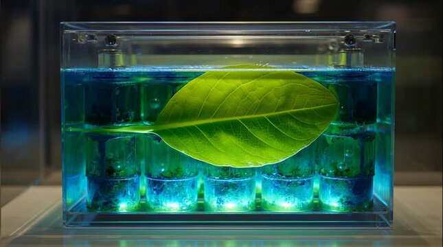 Transparent glass box split in two: clean air and a single green leaf above, glowing nuclear waste barrels below. A striking metaphor for environmental balance, energy choices, and fragile coexistence