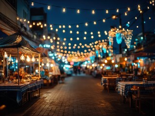Night market filled with lights and food stalls creates a vibrant atmosphere for evening gatherings