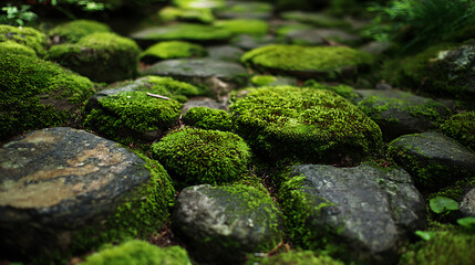 Moss-covered stones create a serene pathway in a lush forest setting during midday light