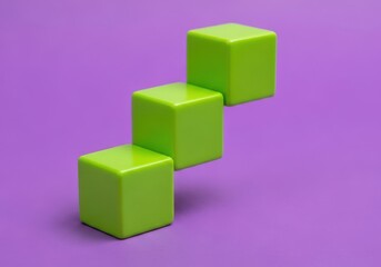 Three bright green cubes arranged in a rising staircase pattern on a purple background