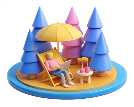 Man working on laptop under umbrella in nature with trees isolated on transparent background