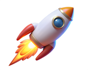 Cartoon rocket blasting off with fiery exhaust isolated on transparent background