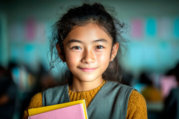 Smiling Asian schoolgirl holding books in colorful classroom with blurred students in background