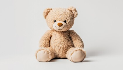 Obraz premium White Background With A Cute Teddy Bear Toy. Soft And Cuddly, This Adorable Toy Is Perfect For Children To Play With.