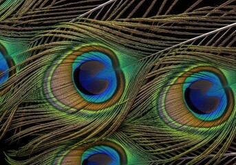 Obraz premium Closeup of iridescent peacock feathers with intricate eye patterns in vibrant colors