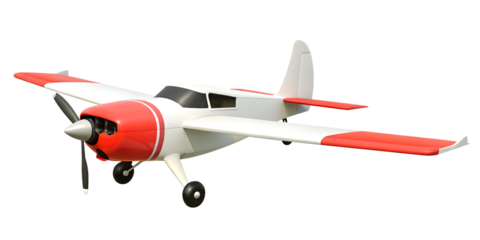 Red and white propeller aircraft isolated on a transparent background.PNG