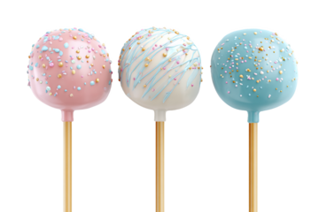 Three colorful cake pops with sprinkles on sticks, isolated on white transparent background