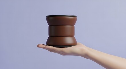 Hand holding stacked brown hourglass shaped objects against a purple background