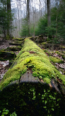 Moss-covered log in a tranquil forest setting during early spring