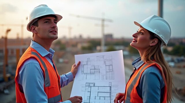Two architects in safety gear walk and discuss a project, comparing the blueprint to the actual construction site with cranes in the background. This showcases proactive management and on-site collabo