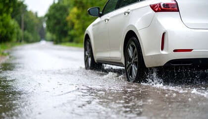 White car driving in heavy rain.