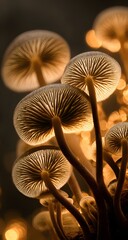 Close-up view of bioluminescent mushrooms glowing in the dark forest undergrowth creating an ethereal natural spectacle.