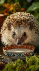 Hedgehog drinking milk from a small dish in a lush garden setting during the golden hour
