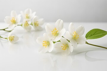 Obraz premium White Jasmine on Reflective Surface – Minimalist Floral Wallpaper for Tranquil Aesthetic 