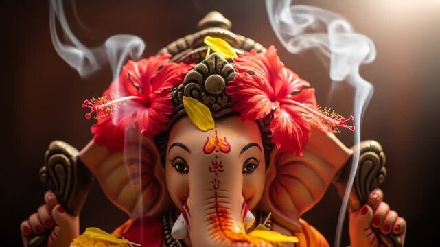 Divine Lord Ganesha Idol Enveloped in Wafting Incense Smoke During a Sacred Puja Ceremony for ganesha visarjan ganesh chaturthi ganapati ganpati bappa morya