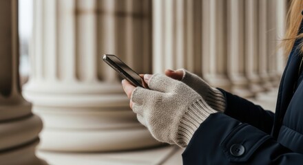 Female hands using smartphone in winter gloves near classical columns