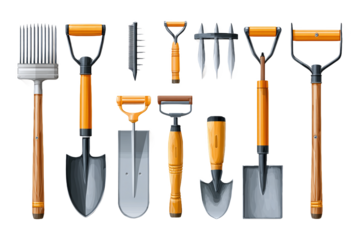 Gardening tools set isolated on white transparent background