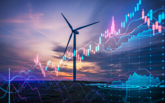 Wind turbine farm investment charts showing growing renewable energy market value at sunset