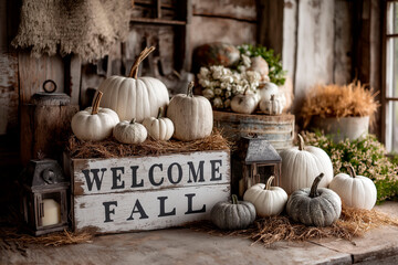 Rustic autumn decor with white and gray pumpkins, hay, flowers and lanterns around a vintage welcome fall sign