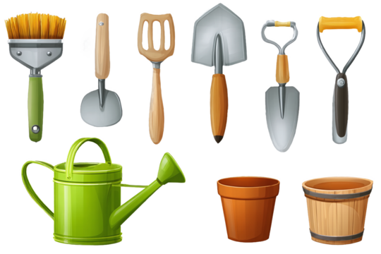 Collection of Garden Tools, Watering Can, and Pots Isolated on White Transparent Background
