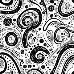 Seamless doodle abstract background, bold continuous black lines with freeform curves and dots, fun organic line art pattern, clean vector design 1