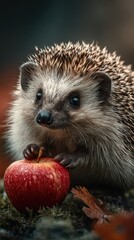 Fototapeta premium Hedgehog interacts with a bright red apple in a natural setting during autumn