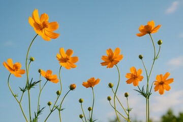 Obraz premium Orange Cosmos Under Blue Sky – Vibrant Floral Wallpaper for Summer Serenity 