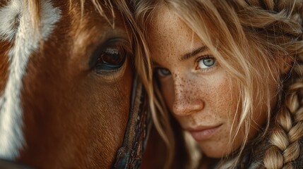 Young woman with freckles closely interacting with a horse in a warm, natural setting during daylight