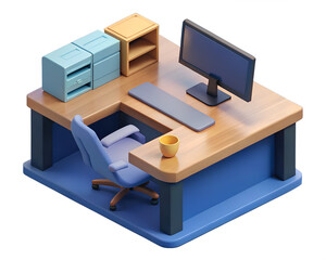 Modern office desk with computer, chair, and storage, isolated on transparent background