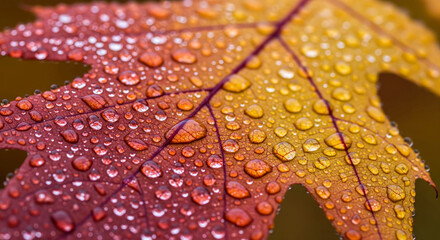 dew drops on a red leaf