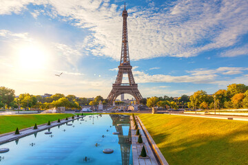 Scenic Eiffel Tower view with sunset reflection, Paris, France