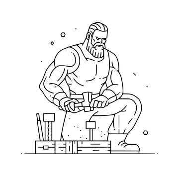 recommend clip art: Illustration of a muscular blacksmith working with a hammer in his workshop line art vector design