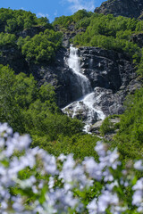 beautiful mountain waterfall among greenery