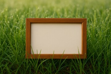Wooden frame displaying blank canvas resting on vibrant green grass with dew drops
